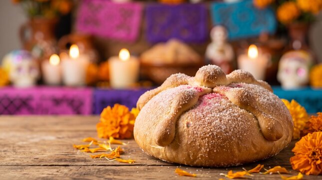 Traditional Mexican pan de muerto sweet bread with sugar and marigolds on a colorful Day of the Dead altar
