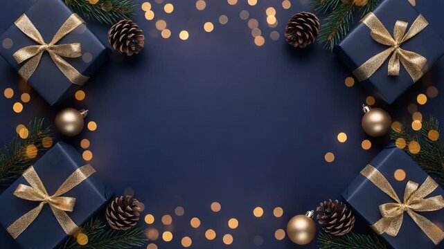 Navy Christmas Gift Box Frame with Golden Holiday Lights