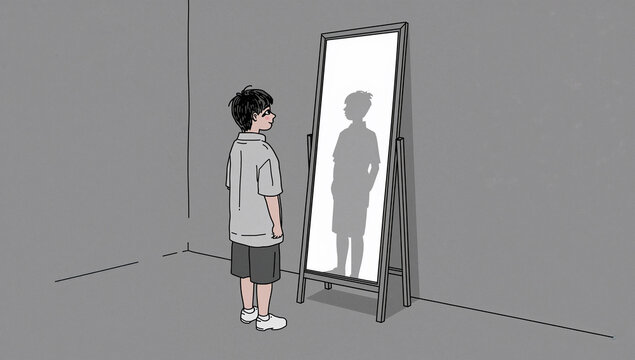 鏡に映る別の人物像を見つめる若者のイラスト