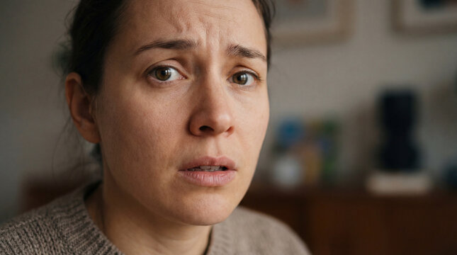 Anxious Woman with Worried Expression Looking Fearful at Home
