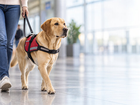 Working dog wearing a red service vest walking beside a handler in a bright public building showing focused movement assistance support and responsible access in an everyday indoor setting