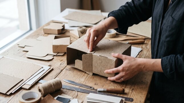 Person assembling brown cardboard box on wooden workbench with packaging tools