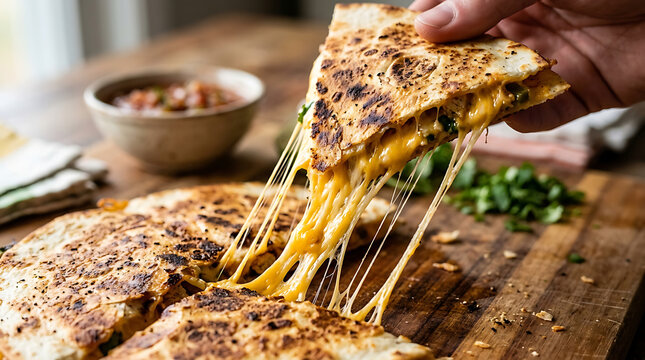 Hand lifting slice of cheesy chicken quesadilla with melted stringy cheese pull over wooden board highlights delicious mexican appetizer for restaurant marketing.