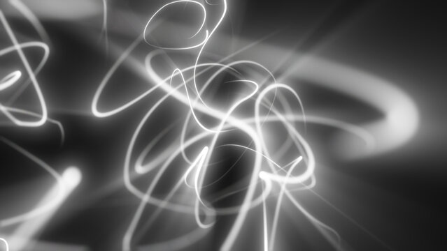Monochrome abstract background with glowing white light scribbles and soft blur on a dark backdrop, creating a minimalist modern energy effect.