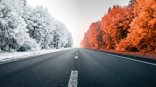 A straight asphalt road splits two different seasons, showing a snowy white winter forest on the left side and a bright orange autumn forest on the right side under a soft sky
