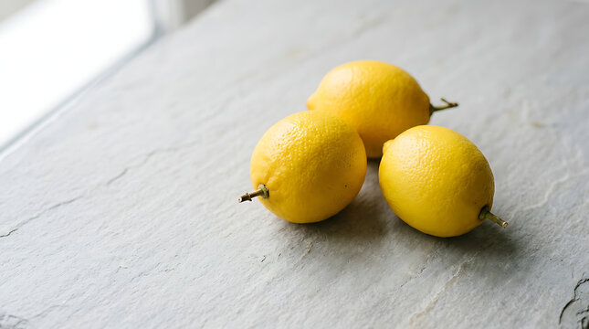 Three whole ripe yellow lemons resting on textured light grey stone surface for natural fruit freshness and citrus culinary ingredient concept photography style.