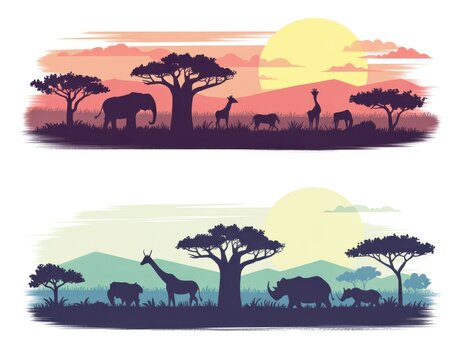 African savanna landscape silhouettes with wild animals and baobab trees at sunset