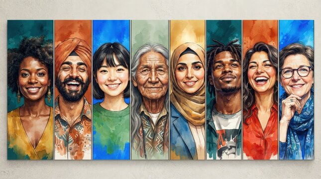 Colorful watercolor portrait collage representing global human unity.