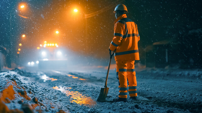 Road worker wearing a bright orange reflective uniform and protective helmet stands with a shovel on a snowy street at night during heavy snowfall with snowplow on background