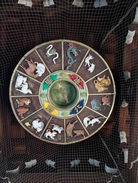 Carved Wooden Eto Zodiac Calendar Wheel on Romon Gate Ceiling at Kushida Shrine in Fukuoka Japan