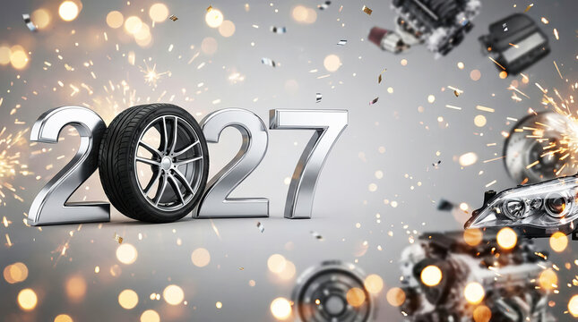 2027 in shiny chrome numbers with a car wheel as zero, sparks and automotive engine parts on bokeh background. Perfect for car industry ads, tire shops, engineering, auto services, and New Year promos