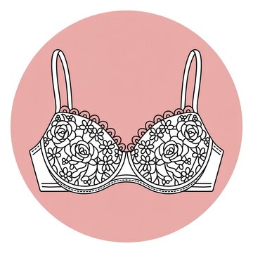 Black and white floral lace bra illustration isolated on a soft pink circular background