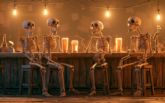 The Skeletons at the Bar Sharing Beer and Laughing Under Warm Lighting