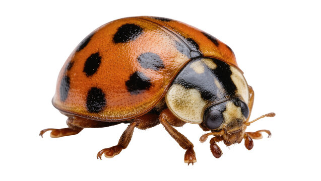 Orange ladybug with black spots, isolated on transparent background