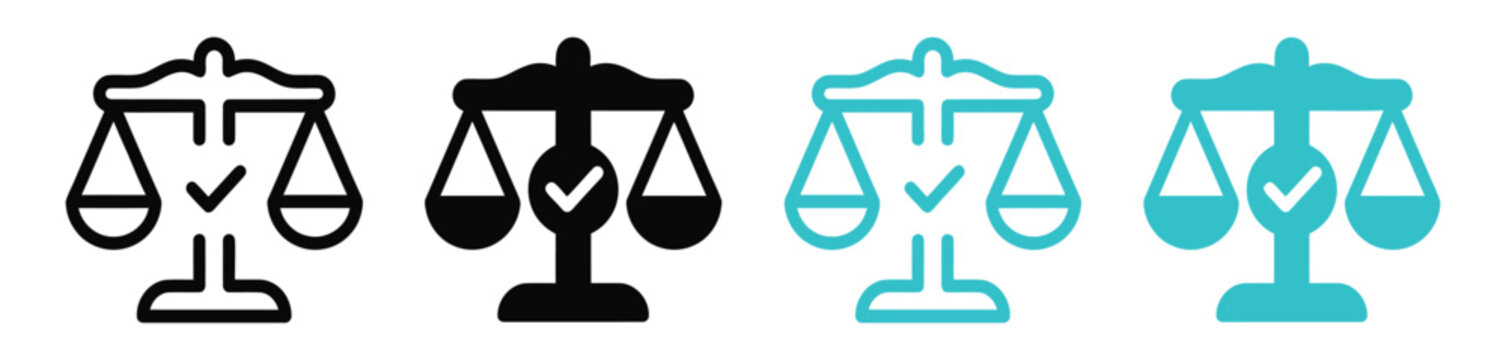 Scales of justice vector icon set with checkmark symbols in black and teal color options