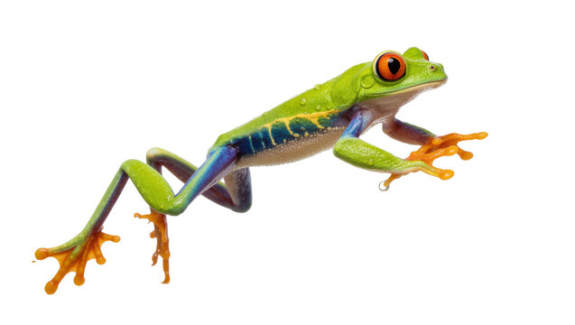 Vibrant green red-eyed tree frog with orange feet, isolated on transparent background