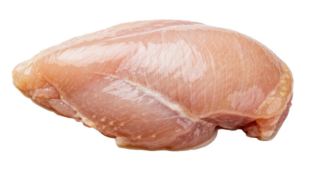 Raw boneless skinless chicken breast glistening with moisture, isolated on transparent background