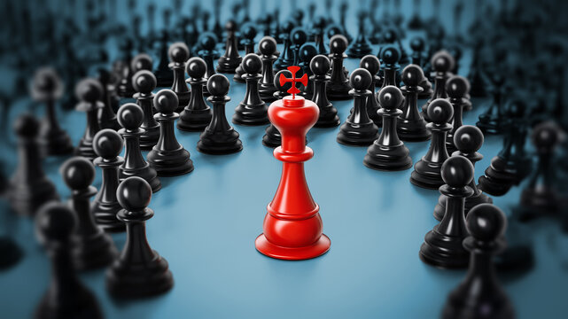 Red chess king standing among white pawns. 3D illustration