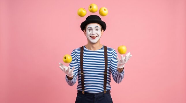 Commercial performance stock photo of a male mime in a striped shirt and bowler hat juggling bright yellow apples against a solid pink background.