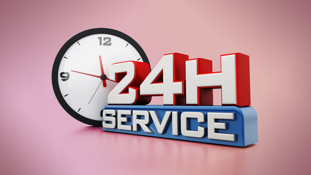 24 hours open text and clock isolated on pink background. 3D illustration
