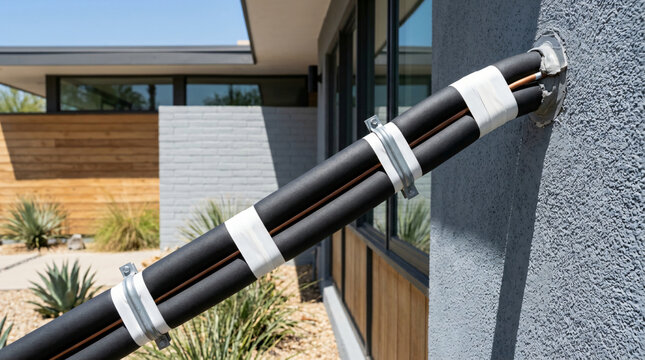 AC refrigerant line insulation installation | outdoor air conditioner pipe protection | HVAC copper line set with foam insulation | energy efficient home cooling
