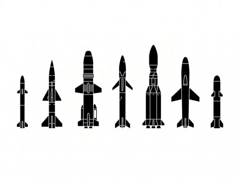 Various missile silhouettes arranged in size order against a clean white background representing military arsenal diversity
