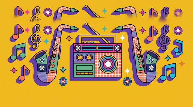 Retro Pop Art Music Illustration with Boombox Saxophones on Yellow