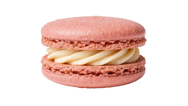 Pink French macaron with creamy vanilla filling, isolated on transparent background