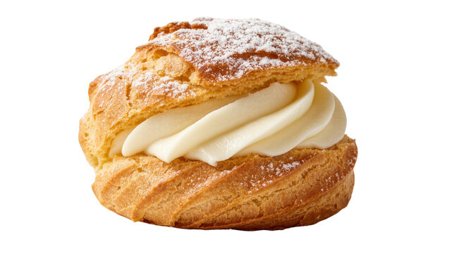 Golden brown choux pastry filled with creamy white filling dusted with powdered sugar, isolated on transparent background