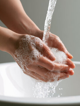 Two hand washing with soap under running water above white ceramic sink, showing detailed foam, skin texture, and hygiene care with clean background space