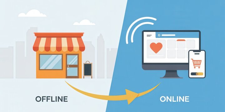 Flat design illustration showing the digital transformation from offline retail store to online ecommerce shopping