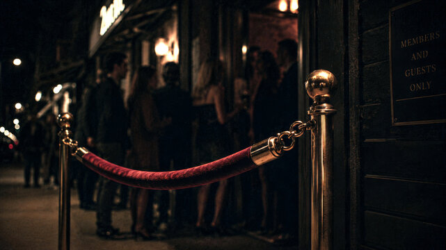 Exclusive club entrance with red velvet rope and guests waiting outside, showing nightlife, membership, luxury, access, exclusivity, and social status