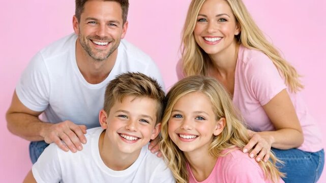 Happy family of four with children smiling together against pink background