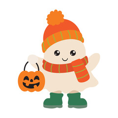Fototapeta premium Halloween little ghost with pumpkin vector cartoon illustration