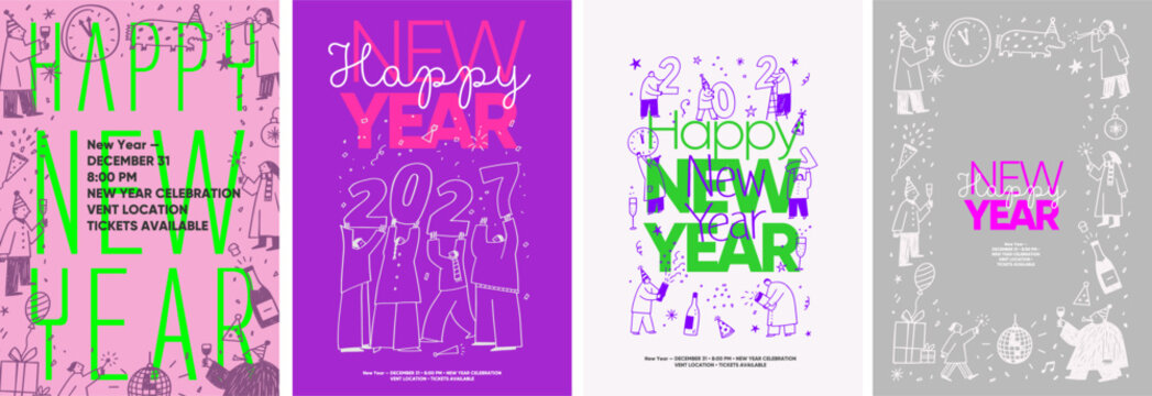 Design collection of New Year celebration posters with 2027 typography, partygoers, champagne, clocks, confetti, gifts and festive line drawings in varied graphic layouts.