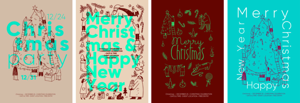Christmas poster design collection featuring hand drawn people decorating trees, ornaments, gifts and festive typography for holiday celebrations and seasonal event announcements.