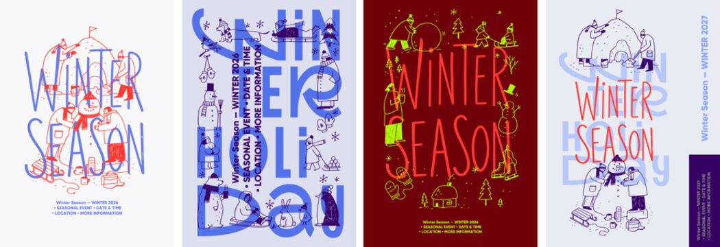 A design collection of winter event posters featuring hand-drawn snowmen, skaters, sleds, snowy scenes, seasonal lettering, and visible placeholders for dates, times, and location details.