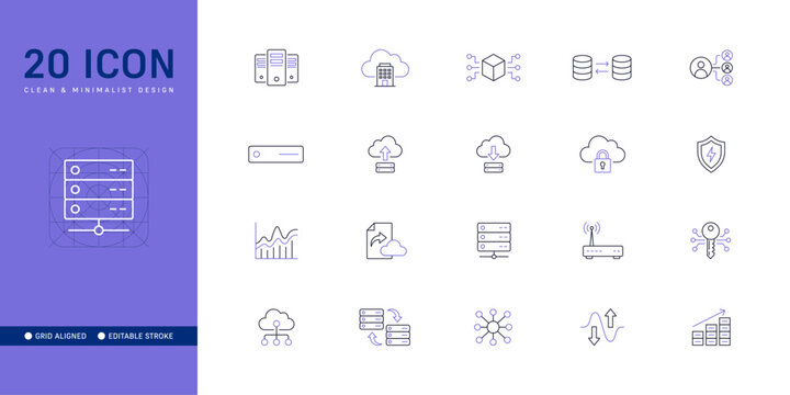 Cloud Computing and Network Server, Dual Tone Line Icon Set - Editable Stroke Vector Design