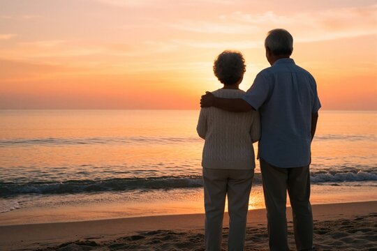 Silhouette of elderly Asian couple standing on sandy beach at sunset. Mature man puts arm around woman watch orange sun over ocean waves. Happy retired lovers enjoy romantic evening walk, peaceful
