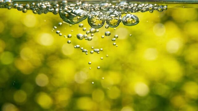 Sparkling water bubbles rising in slow motion, refreshing carbonated liquid on green bokeh background, clear soda oxygen drops under water