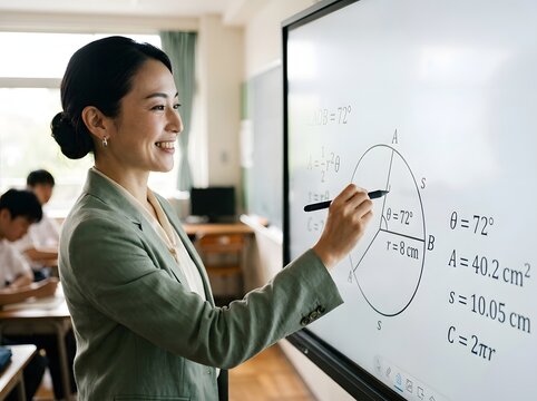 Smiling Japanese female math teacher explaining geometry lesson on interactive digital whiteboard