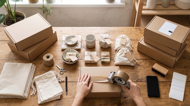 Small business owner packing cardboard boxes for shipping orders at a rustic wooden workshop table
