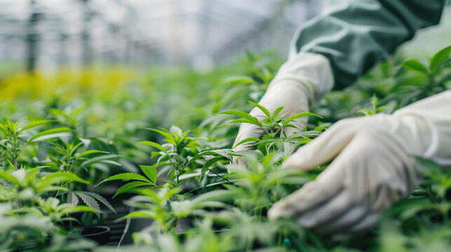 A dedicated worker wearing protective gloves carefully tends to young green hemp seedlings inside a modern agricultural greenhouse facility, focusing on sustainable plant care and cultivation practice