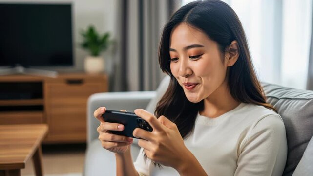 Gamer Girl's Delight: A young woman engrossed in a mobile game, her fingers deftly navigating the controls, a smile of concentration and enjoyment gracing her face as she plays on the couch.