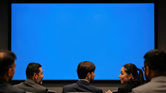 Strategic Vision: A group of business professionals gather around a large blue screen, intently discussing and analyzing data.