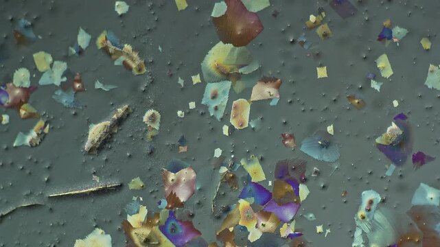 Polarized light microscopy PLM 5x fast motion footage of crystalline nucleation expansion where separate domains merge into solid mosaic aggregate pattern under fivefold accelerated speedup view