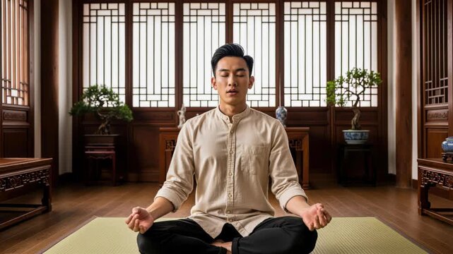 Zen Practice in Traditional Room: A young man in traditional attire practices meditation and yoga in a serene, minimalist room with distinct East Asian architectural elements.