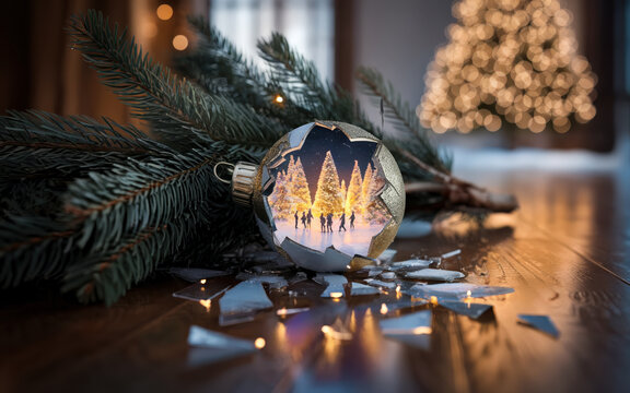 Shattered Christmas Ornament Revealing Miniature Winter Village Scene on Wooden Surface