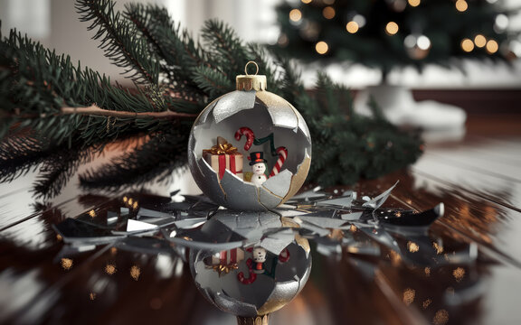 Broken Glass Christmas Bauble Revealing Miniature Snowman and Gift Box on Wooden Surface