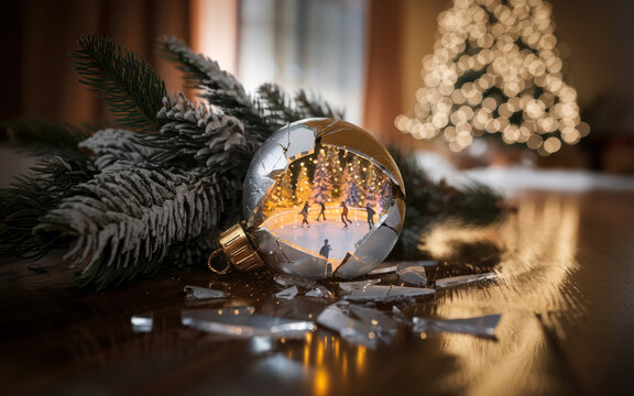 Broken Silver Christmas Ornament Revealing Miniature Ice Skating Scene on Wooden Floor